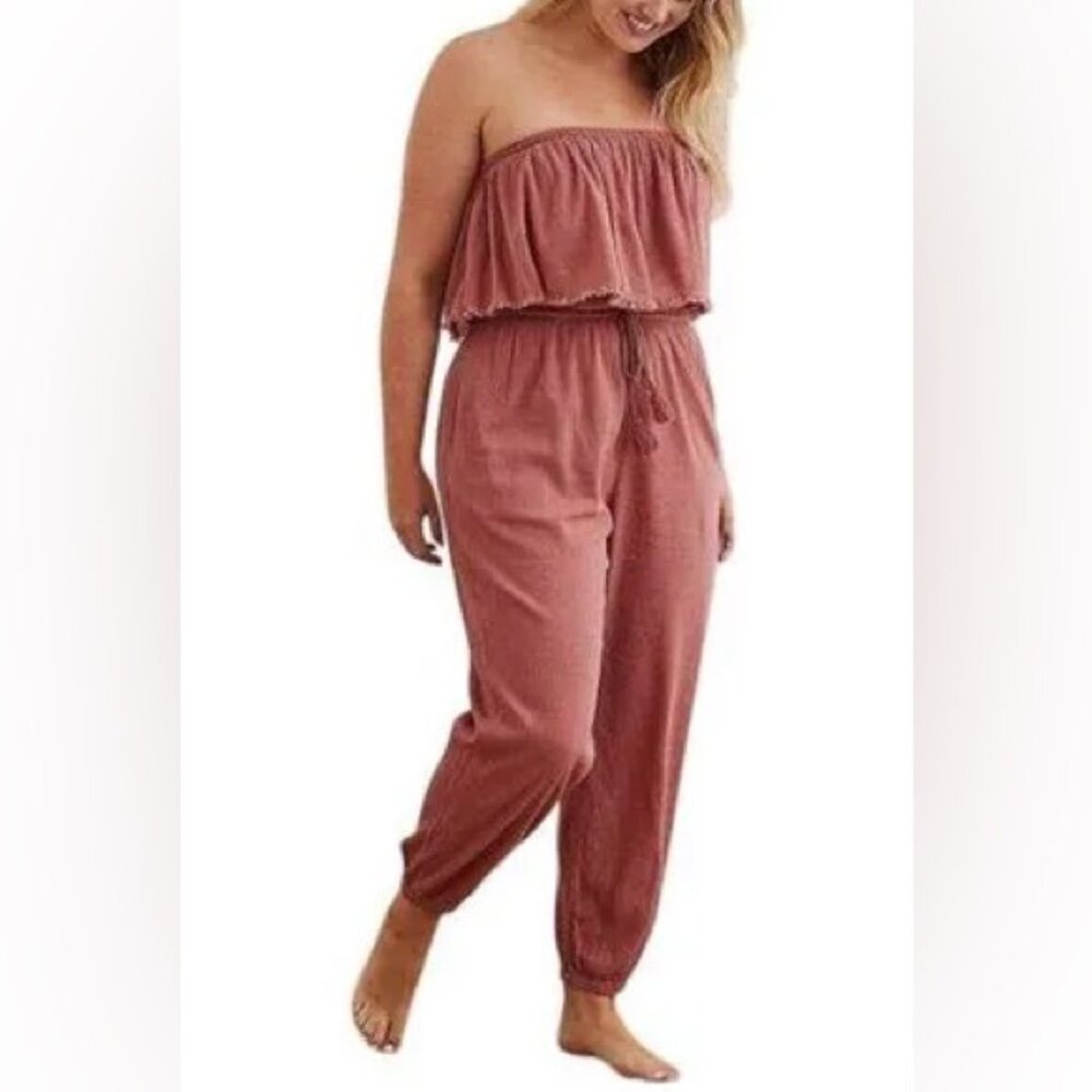 Aerie Pink Salmon Strapless Crinkle Smocked Pants Jumpsuit Romper
